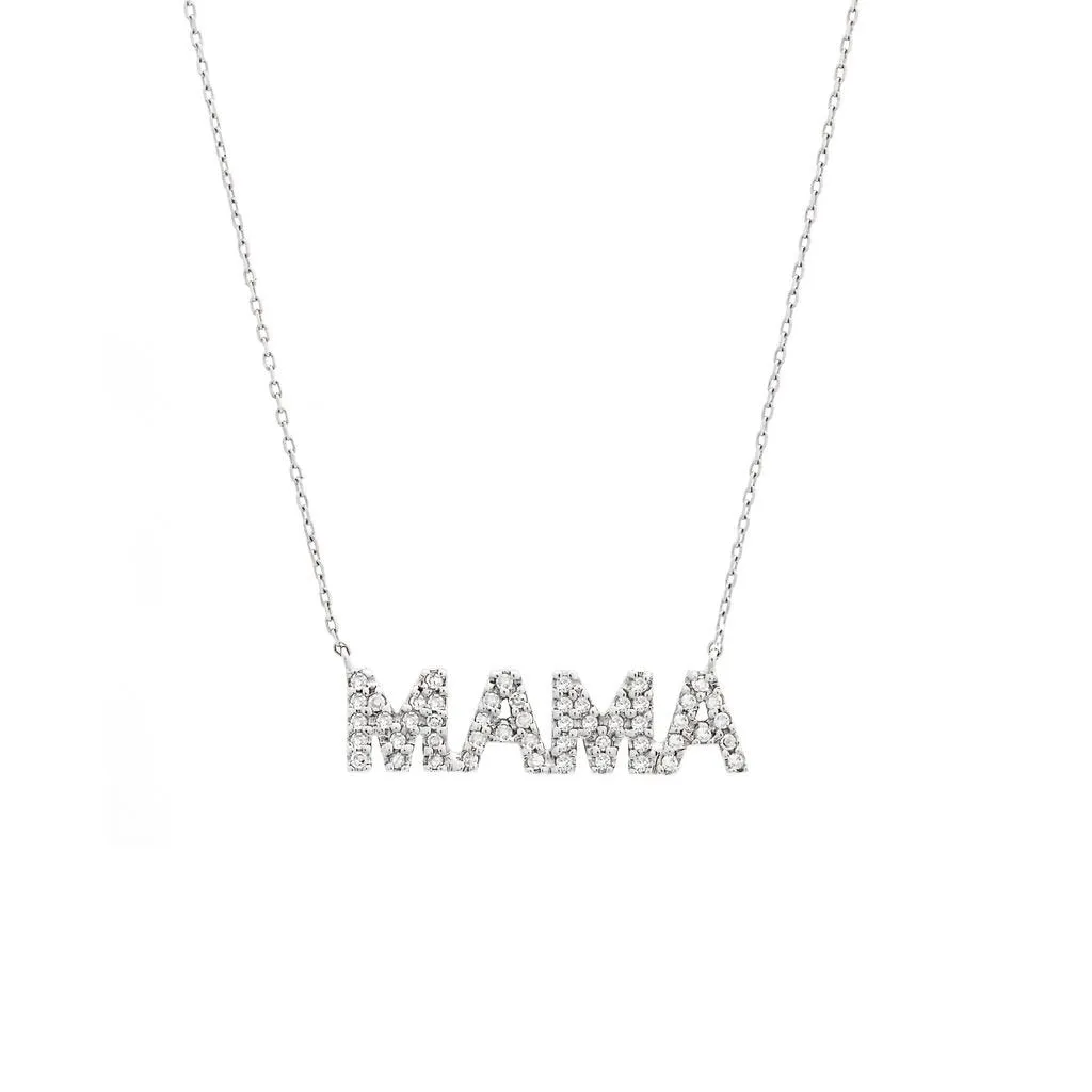 14K White Gold Mommy Single Micro Pave Diamond Necklace