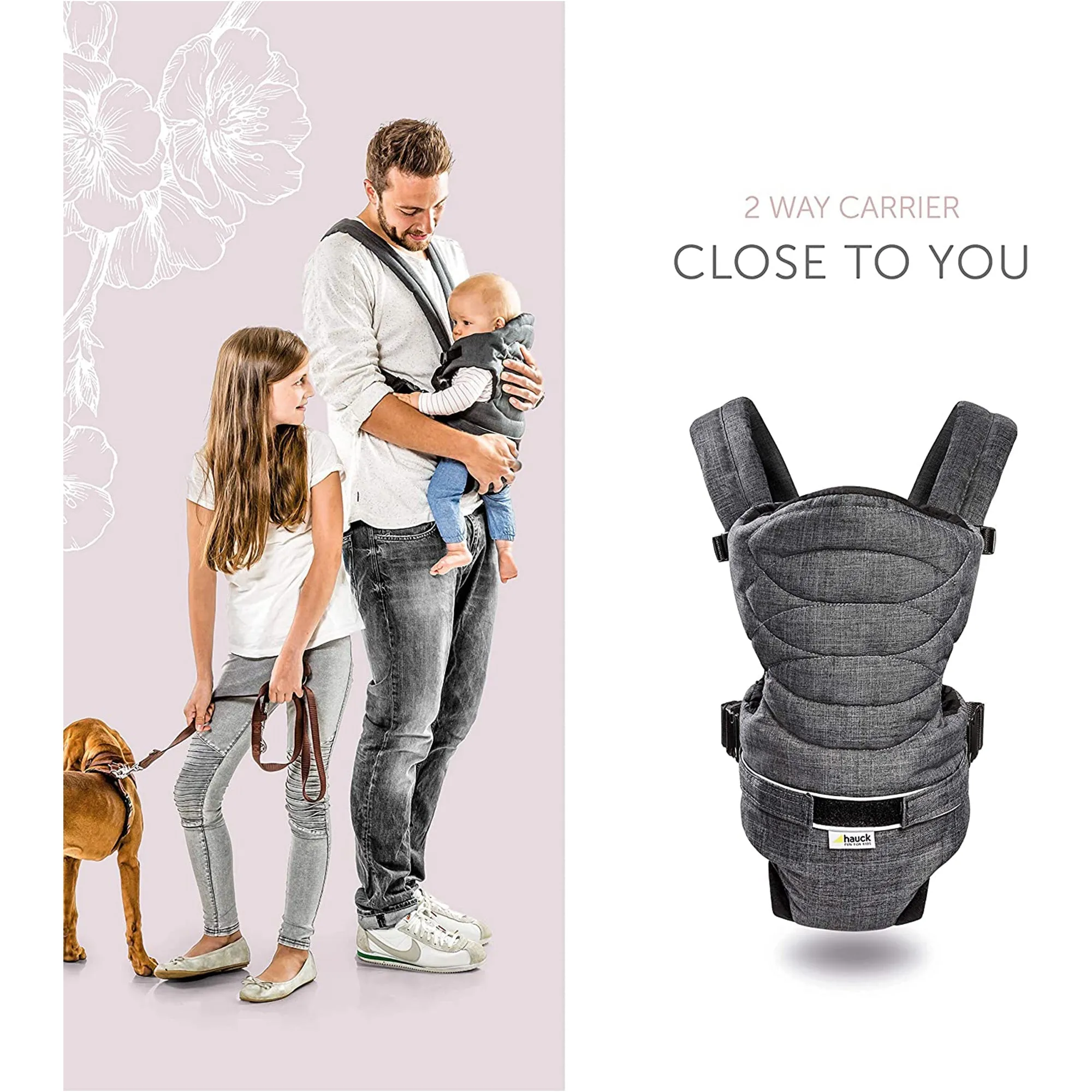Hauck 2 Way Carrier Baby Carrier Melange Charcoal Birth  to 9M